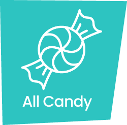 A teal graphic of a piece of candy with the words: All Candy 