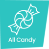 A teal graphic of a piece of candy with the words: All Candy: A teal graphic of a piece of candy with the words: All Candy