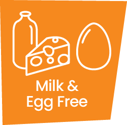 A orange graphic of a jar of milk, a slice of cheese and an egg with the words: Milk and Egg Free
