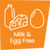 A orange graphic of a jar of milk, a slice of cheese and an egg with the words: Milk and Egg Free: A orange graphic of a jar of milk, a slice of cheese and an egg with the words: Milk and Egg Free