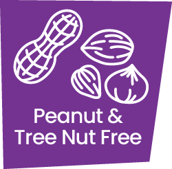 A purple graphic of a jar of different types of nuts with the words: Peanut & Tree Nut Free