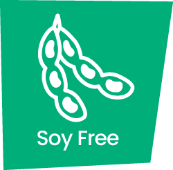 A green graphic of a jar of soy beans with the words: Soy Free