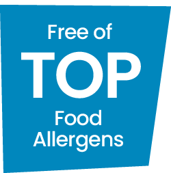 A blue graphic that says: Free of Top Food Allergens