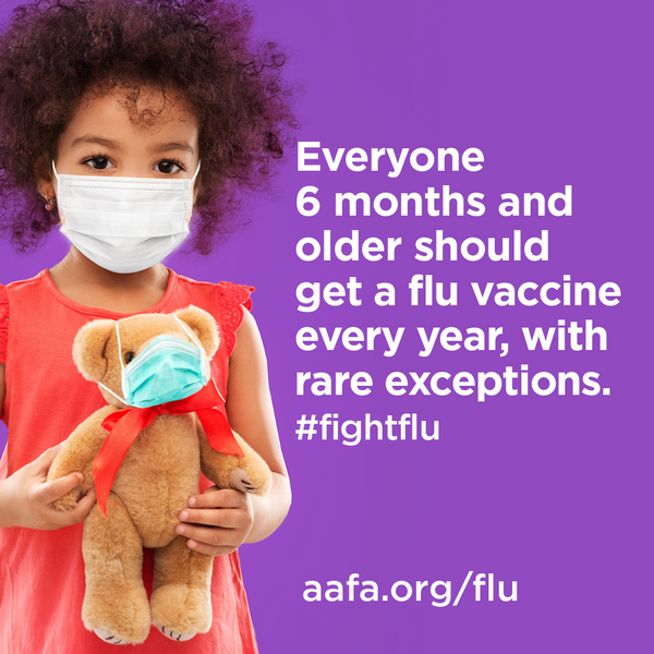 A picture containing text, a child with a mask on, holding a teddy bear. The text reads: Everyone 6 months and older should get a flu vaccine every year with rare exceptions. #fightflu aafa.org/flu
