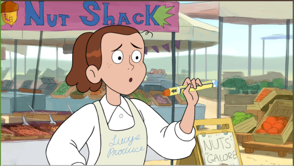 Screenshot from We Bare Bears cartoon of a person holding an epinephrine auto-injector