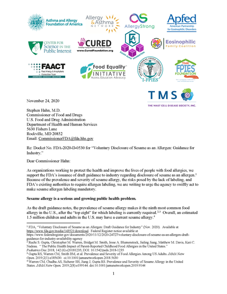 Food Allergy Coalition letter to FDA re sesame guidance_Page_1