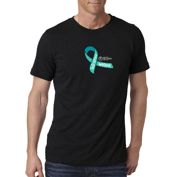 Man wearing black T-shirt with a teal ribbon that says: Food Allergy Warrior