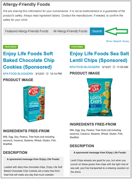 Screenshot of Allergy-Friendly Food Finds search