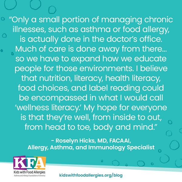 A quote from Dr. Roselyn Hicks, allergist and immunologist, on a teal background