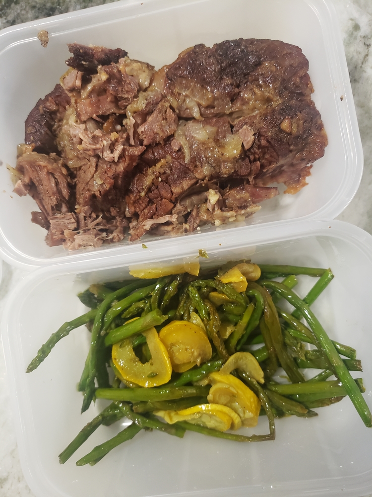BooBoo's melt in your mouth Chuckroast and steam olive asparagus and squash!